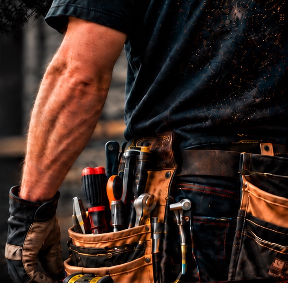 Handyman wearing a leather tool belt full of tools